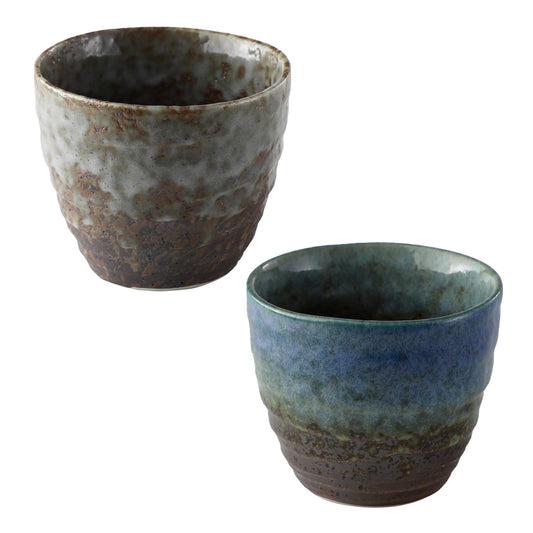 Asayu Japanese Mino Ware Hand-Painted Glazed Ceramic Teacup Set (2 Pieces) | Choose from Blue/White or Metallic Dark Brown