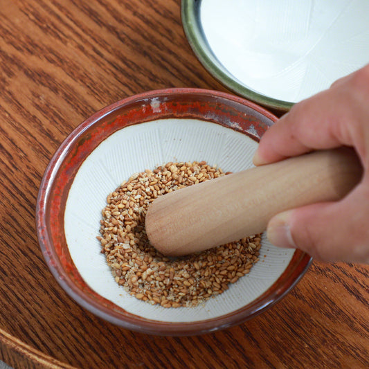Asayu Japanese Mino Ware Ceramic Grinding Bowl & Wooden Pestle | Artisan-Crafted Wabi-Sabi Utensils | Choose from Red or Olive Green