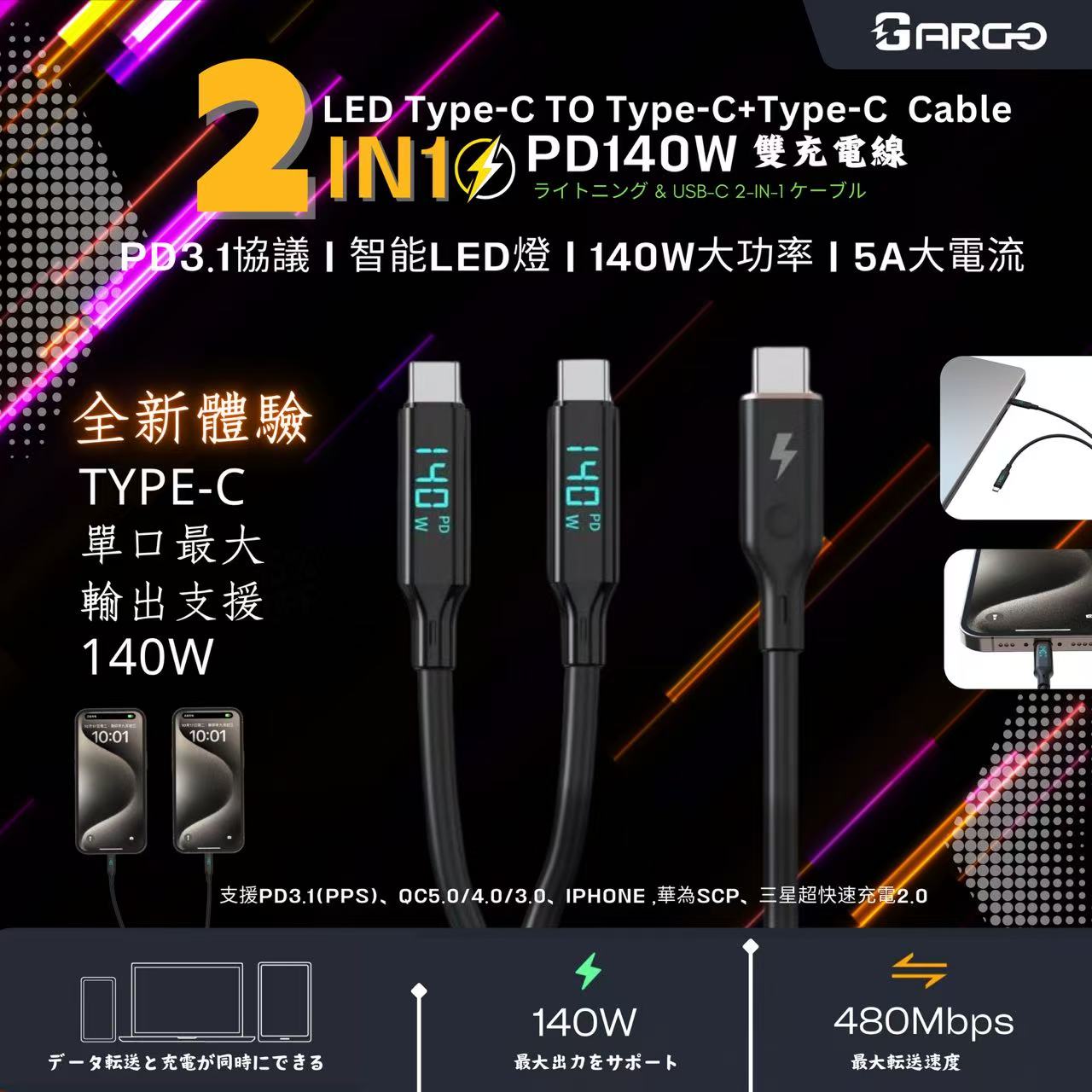 ARGO (CC140) C to C1+C2 140W Dual Fast Charging Data Cable with Digital Display