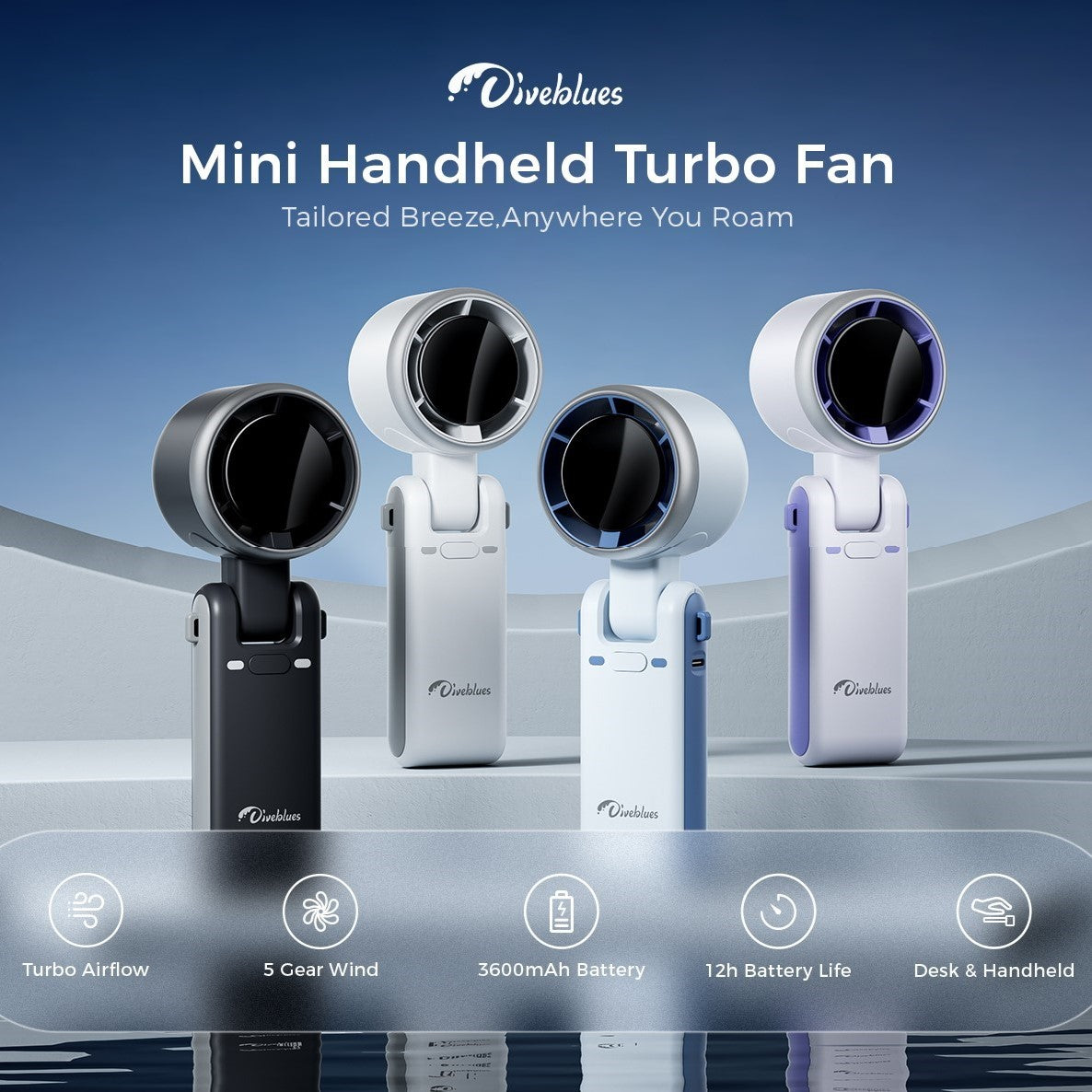 US Diveblues Foldable Handheld Turbo Fan | 13550RPM 9m/s Powerful Airflow 5 Speed Settings | Up to 10.5 Hours Battery Life, LED Display, Includes Lanyard