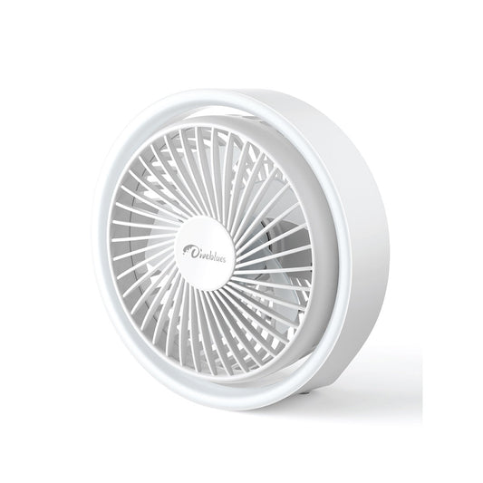 Diveblues Mini Desk Fan with LED Light 2-in-1 Desk Fan with Light | 4.4m/s Strong Wind × 3-Level Brightness × 180° Rotating Fan Head | Hanging Camping Fan with Light