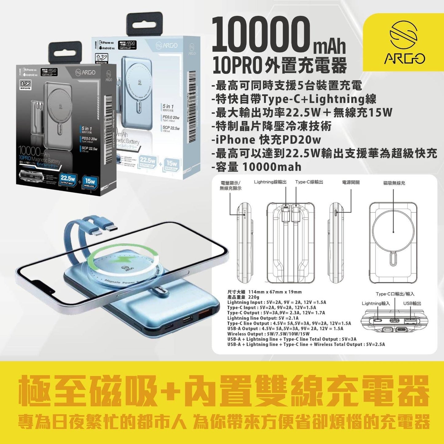 ARGO-10PRO 5-in-1 Magnetic + Built-in Dual Cable 10000mAh Power Bank