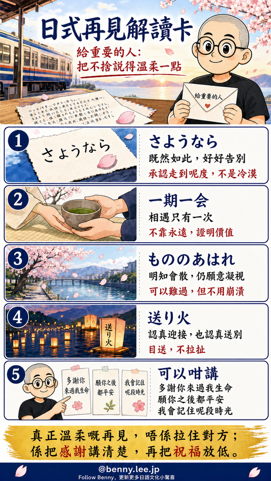 日式再見解讀卡，介紹さようなら、一期一会、もののあはれ、送り火及給重要之人的日文告別方式