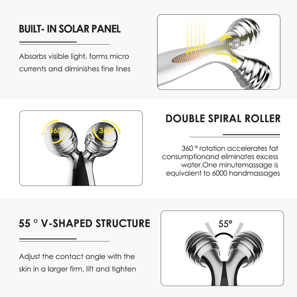 微電流塑身儀｜太陽能驅動微電流 · 360° 肌理滾輪揉捏提拉 · 55° V 型雙頭貼合臉部 · 無需充電環保永續 | Beauty Roller