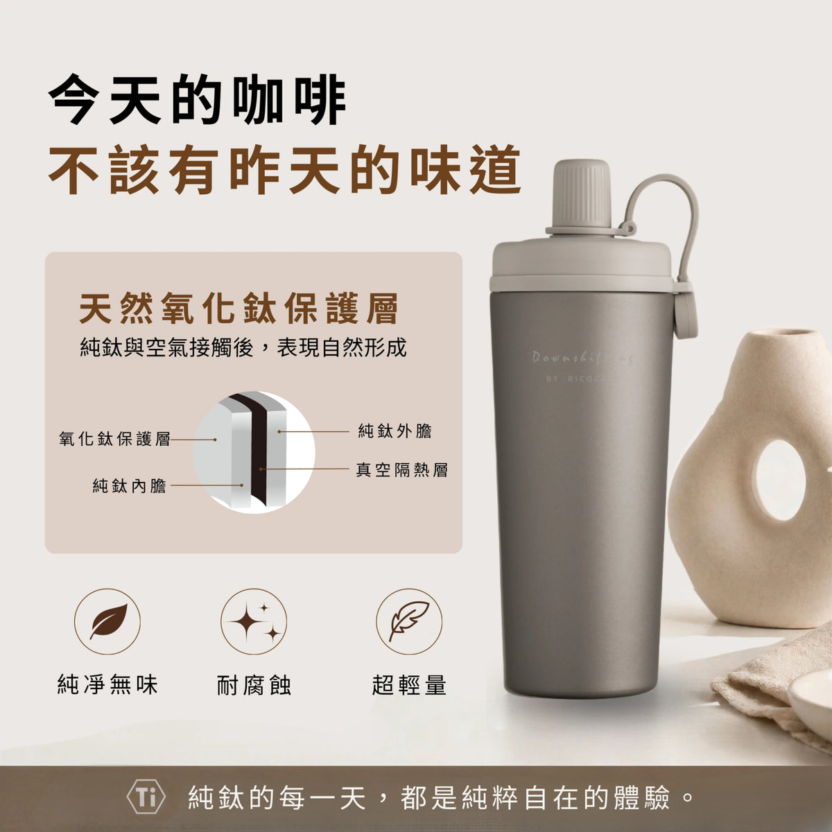 RICOCAFE Ti COOLID 鈦酷力杯 800ml 純鈦保溫吸管杯｜純鈦杯身 × 超輕量 × 不殘味不染色 × 磁吸吸管上蓋 × QQ 提把｜為風味而生的手搖飲隨行環保杯