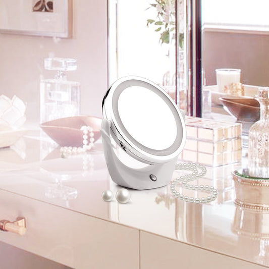 Dual-Sided LED Ring Light Makeup Mirror | 1X HD Normal Mirror + 5X Magnifying Double-Sided Design · LED Ring Light for Even Illumination · 360° Rotational Free Angle Adjustment · Battery-Powered / USB Rechargeable Options | LED Mirror