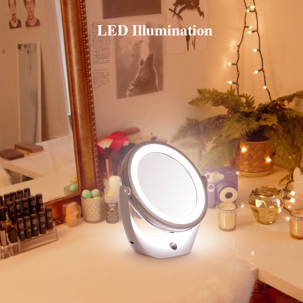 雙面化妝鏡 LED 環形燈｜1X 高清正常鏡 + 5X 放大鏡雙面設計 · LED 環形燈均勻補光 · 360° 旋轉自由調角 · 電池款 / USB 充電款可選 | LED Mirror