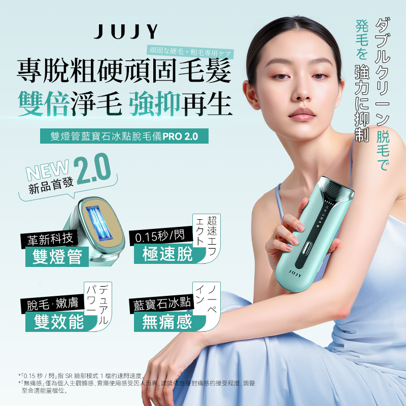 JUJY PRO 2.0 雙燈管藍寶石冰感 IPL 家用脫毛儀｜極速連閃・4模式5檔能量