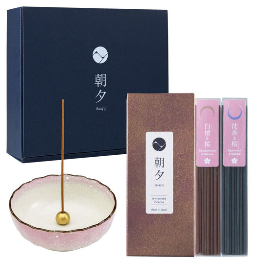 日本Asayu 兵庫縣 超人氣 [ 2合1櫻花組合 + 粉色蓮花香座 ]低煙線香禮盒套裝 | 職人手工 | 禪意美學