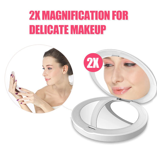 LED Makeup Mirror｜1X HD + 2X Magnification Dual-Sided Mirror · Full-Ring LED with Three Dimmable Brightness Levels · Exquisite, Compact, and Portable · USB Rechargeable | LED Makeup Compact Mirror
