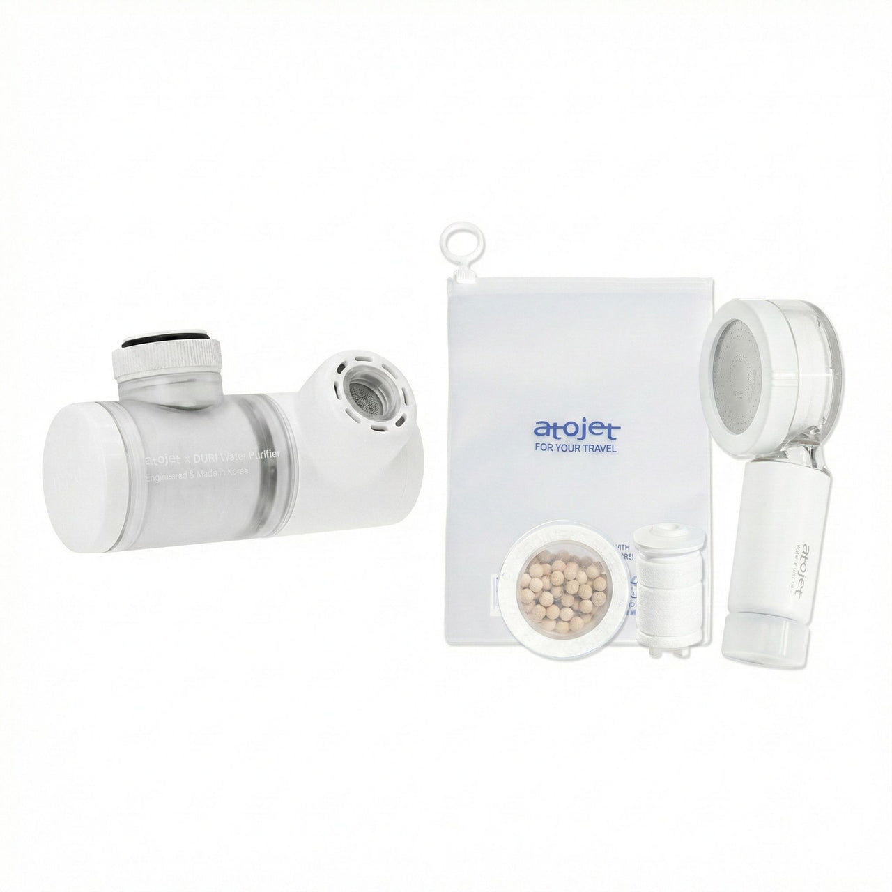 韓國製 Atojet 旅行迷你花灑頭｜121g 超輕量 · 3 重過濾系統 99.9% 抗菌陶瓷球 · 超細微孔增強水壓 · 改善膚質髮質｜Travel Shower Head
