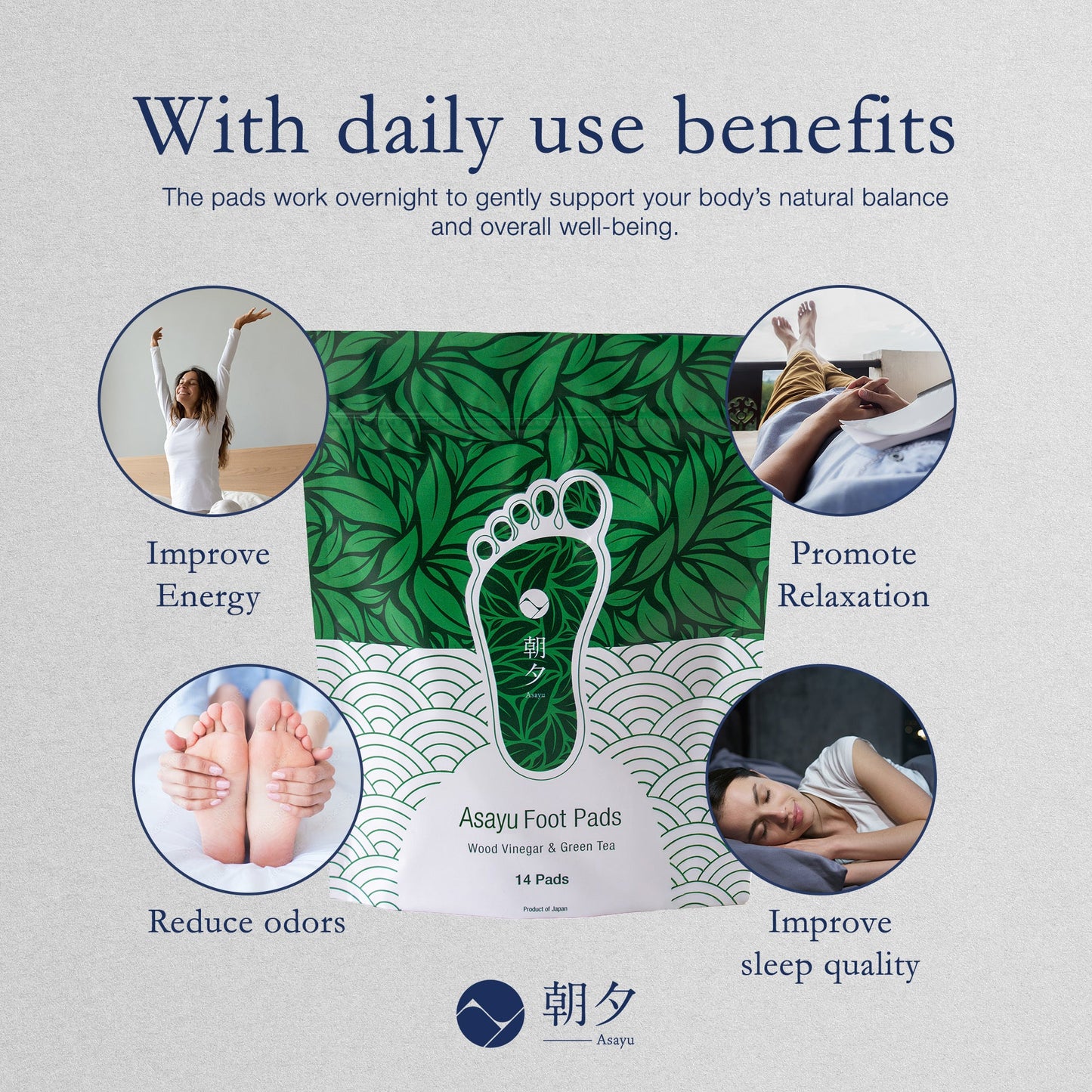 日本Asayu Natural Foot Patches for Fatigue & Restful Sleep - 14 Patches | 天然成分 | 溫和親膚
