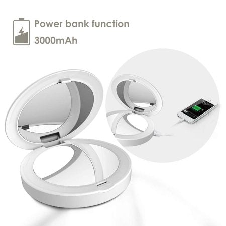 LED 化妝鏡連 3000mAh 外置充電器｜高亮 LED 補光 + 1X/2X 雙鏡面 + 2A 快充移動電源三合一 · 雙面 USB 充電線 · 化妝補光 + 隨時為手機補電 | LED Power Bank Mirror
