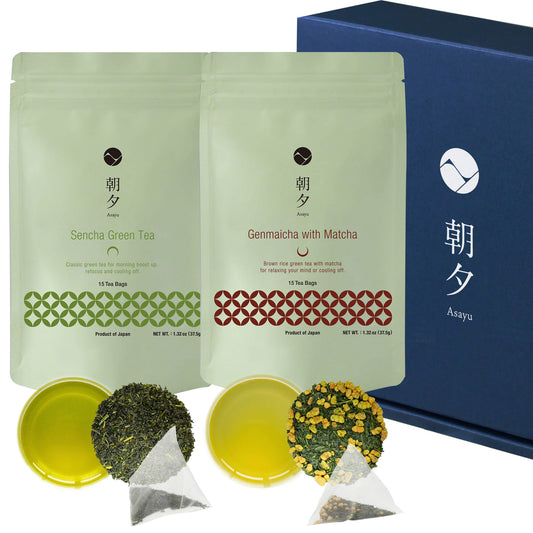 日本Asayu靜岡・富士山麓 綠意盎然禮盒（煎茶與玄米抹茶各15茶包） | 頂級茶葉 | 醇厚回甘
