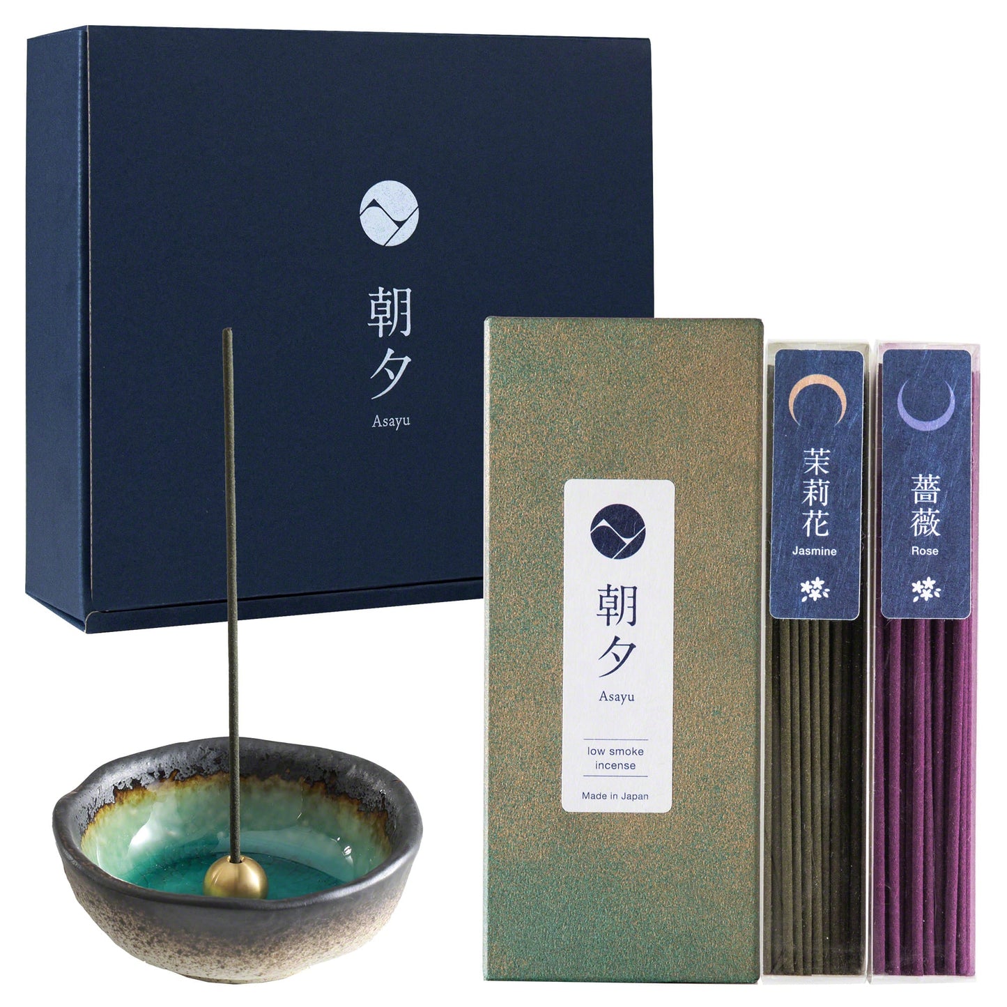 日本Asayu 兵庫縣 [ 花香系列（茉莉花&薔薇 ） + 迷你藍寶石香座 ] 低煙線香禮盒套裝 | 職人手工 | 禪意美學