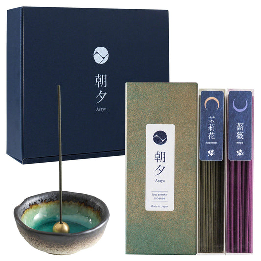 日本Asayu 兵庫縣 [ 花香系列（茉莉花&薔薇 ） + 迷你藍寶石香座 ] 低煙線香禮盒套裝 | 職人手工 | 禪意美學