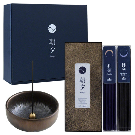 日本Asayu 兵庫縣 [ 禪意系列 (禪庭&和菊) + 禪宗香座 ] 低煙線香禮盒套装 | 職人手工 | 禪意美學