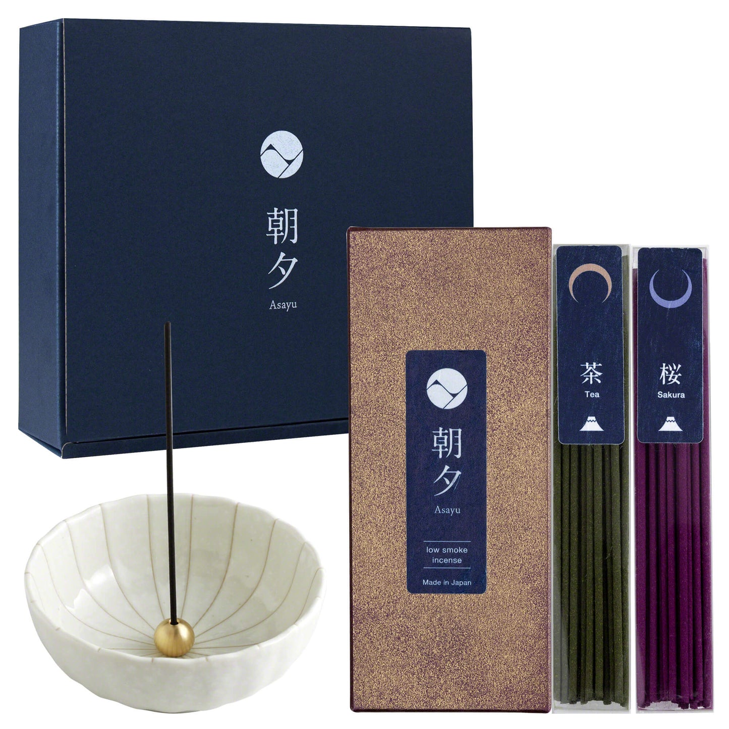 日本Asayu 兵庫縣 [ 日本風情系列（櫻花&緑茶 ）+ 白蓮花香座 ]   低煙線香禮盒套裝 | 職人手工 | 禪意美學