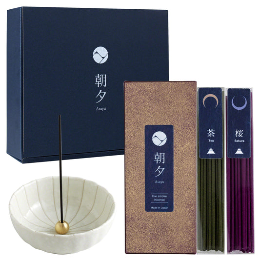 日本Asayu 兵庫縣 [ 日本風情系列（櫻花&緑茶 ）+ 白蓮花香座 ]   低煙線香禮盒套裝 | 職人手工 | 禪意美學