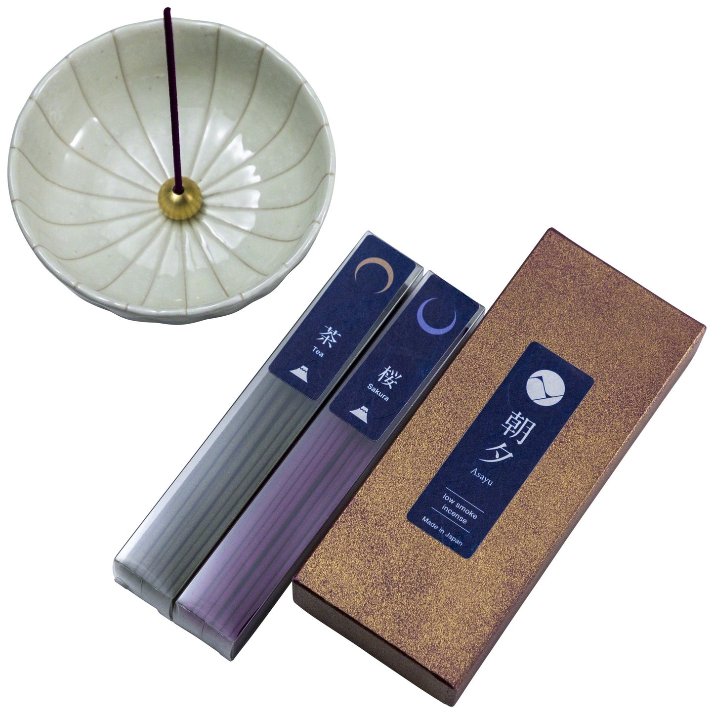 日本Asayu 兵庫縣 [ 日本風情系列（櫻花&緑茶 ）+ 白蓮花香座 ]   低煙線香禮盒套裝 | 職人手工 | 禪意美學