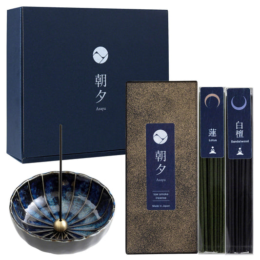日本Asayu 兵庫縣 【瑜伽系列（蓮花&白檀） + 深藍色蓮花香座】低煙線香禮盒套裝 | 職人手工 | 禪意美學