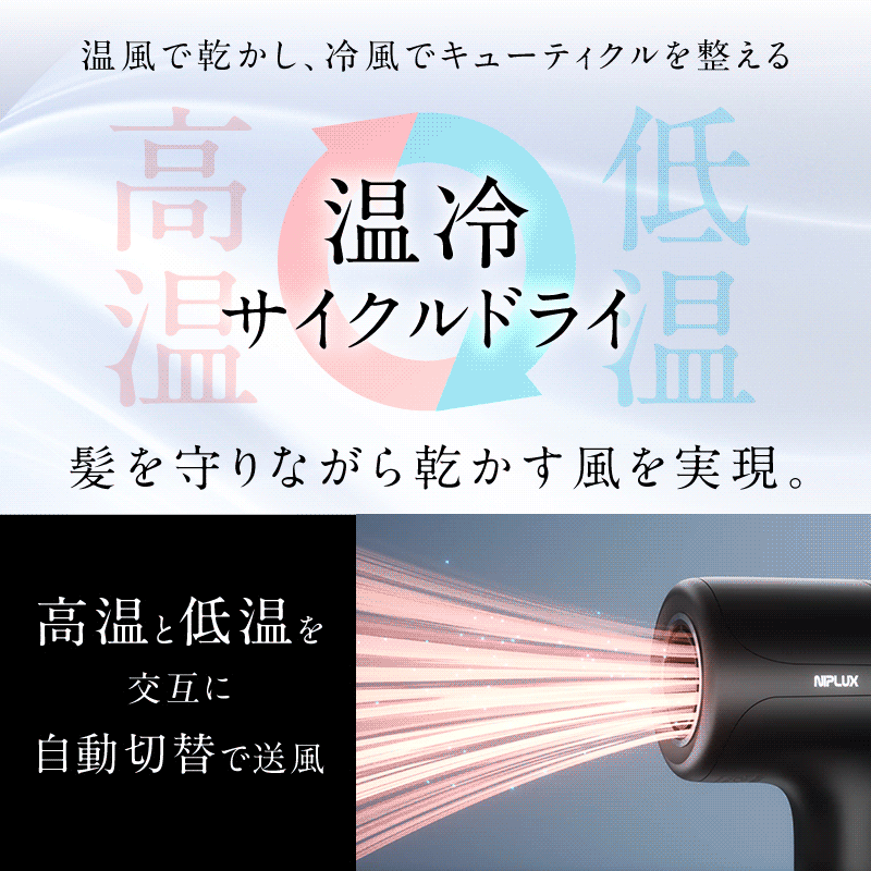 【日本電壓】NIPLUX Hair Dryer 負離子吹風機｜大風量 × 5 秒冷熱自動切換｜約 550g｜日本插頭・AC 100V 專用