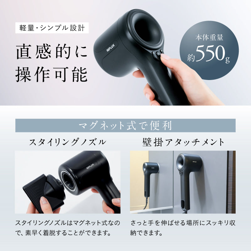【日本電壓】NIPLUX Hair Dryer 負離子吹風機｜大風量 × 5 秒冷熱自動切換｜約 550g｜日本插頭・AC 100V 專用