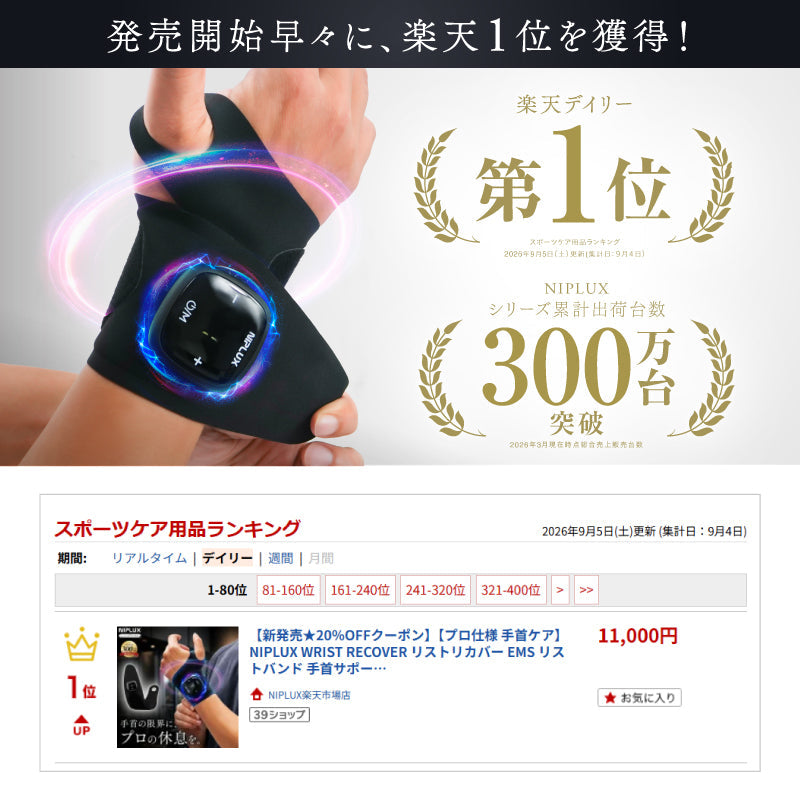 NIPLUX WRIST RECOVER 手腕 EMS 護腕｜手腕專用雙 EMS × 8 模式 × 19 段強度｜約 3mm 極薄 × 約 39.5g 輕量｜左右手通用